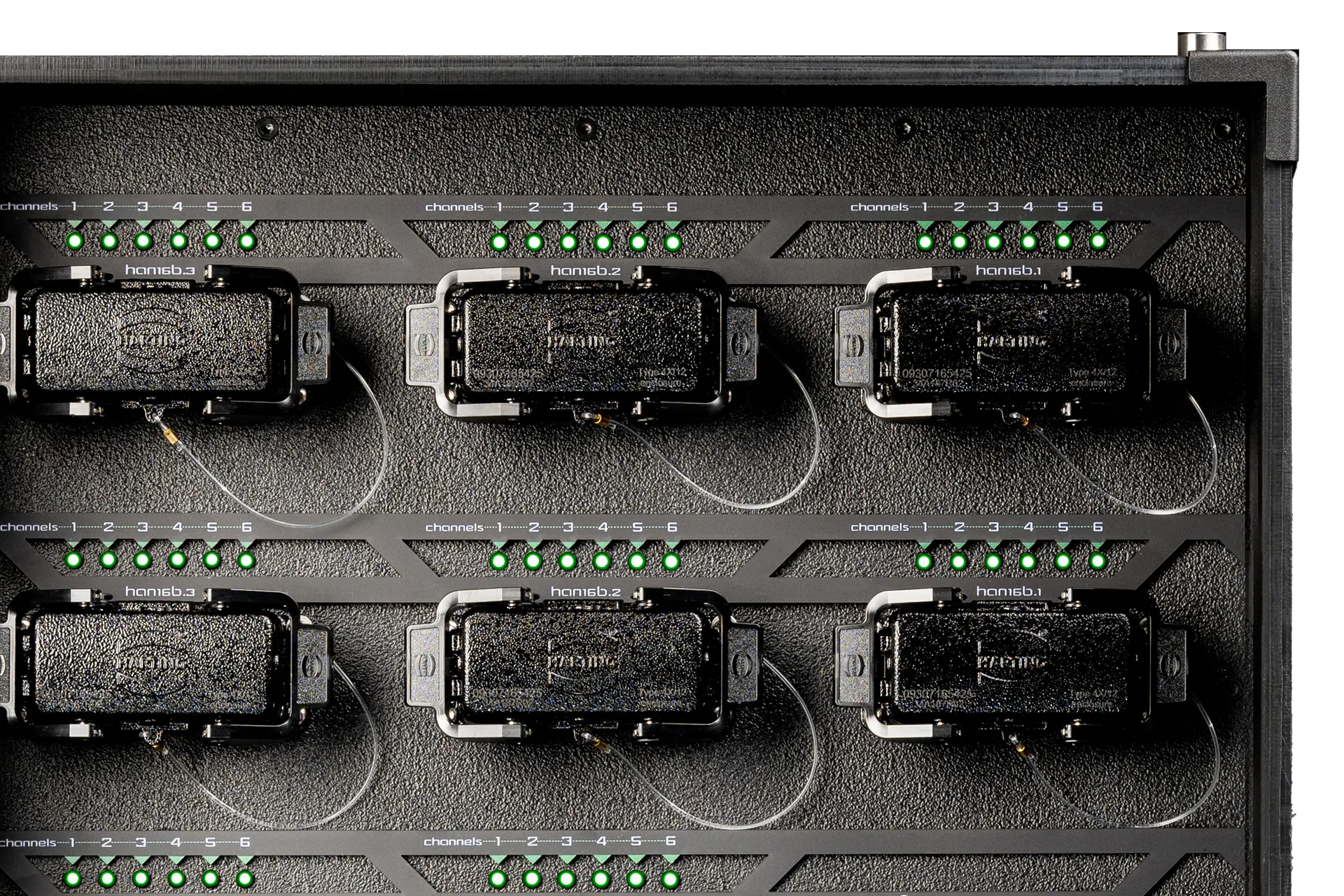 Close-up of the TTP125-002 rear panel with eight HAN® 16E outputs and channel LEDs