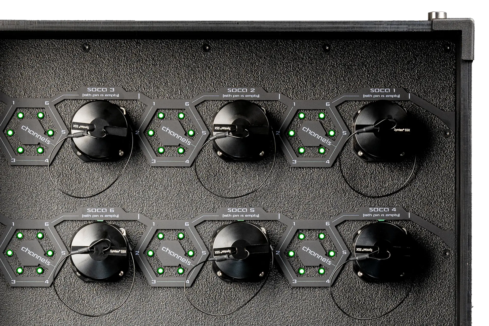 Close-up of the TTP125-001 rear panel with eight Syntax® SSX outputs and channel LEDs