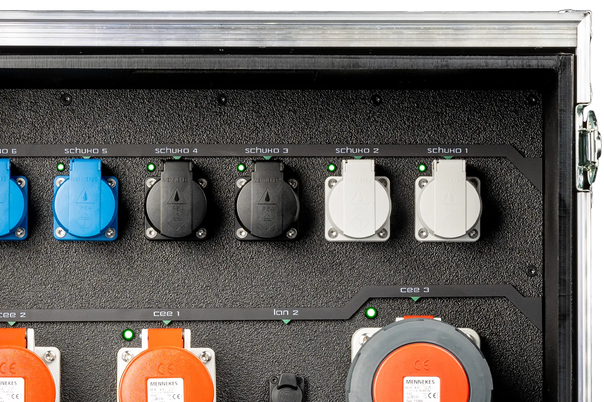 Close-up of the TTPF125-003 rear panel with six Schuko sockets and CEE outputs
