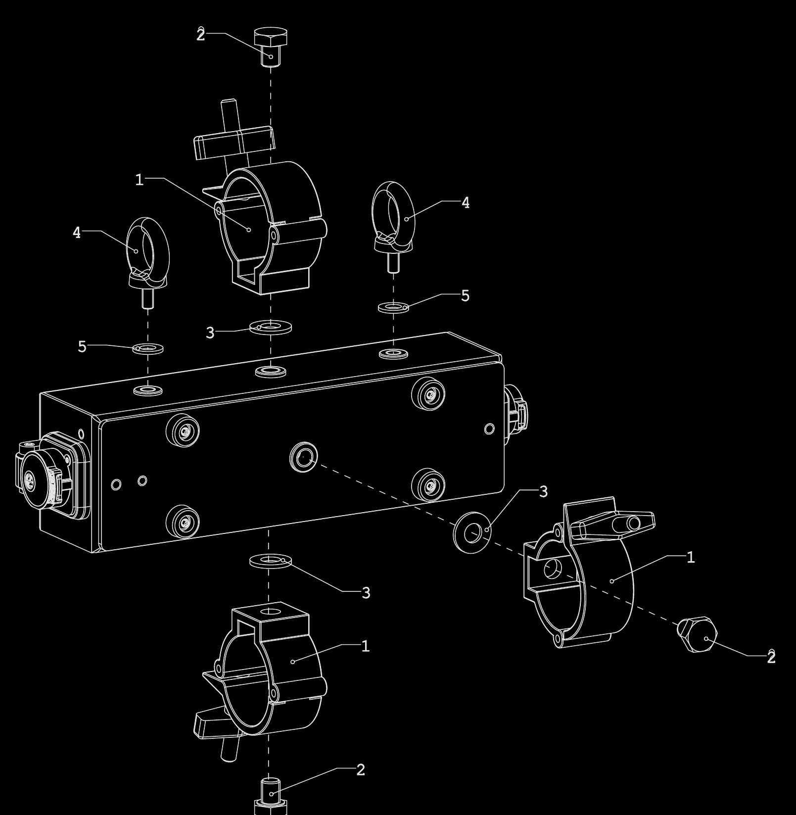 Exploded technical illustration of the TTMM mounting hardware, numbered 1 to 5