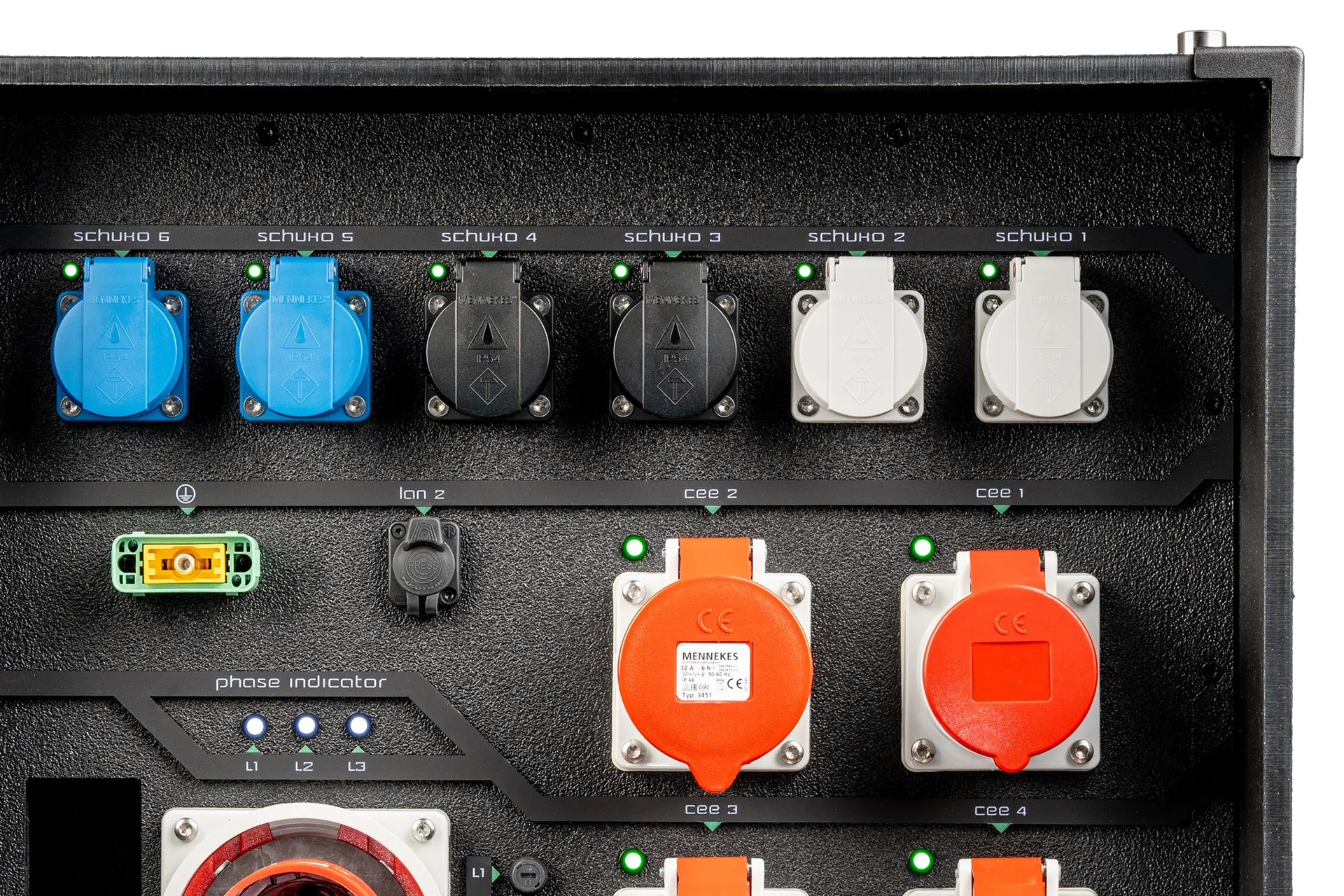 Close-up of the TTP63-003 rear panel with CEE outputs and six Schuko sockets
