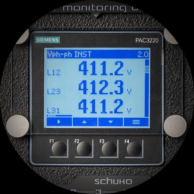 Siemens PAC3220 power monitoring display on a Tesla Tech distribution unit