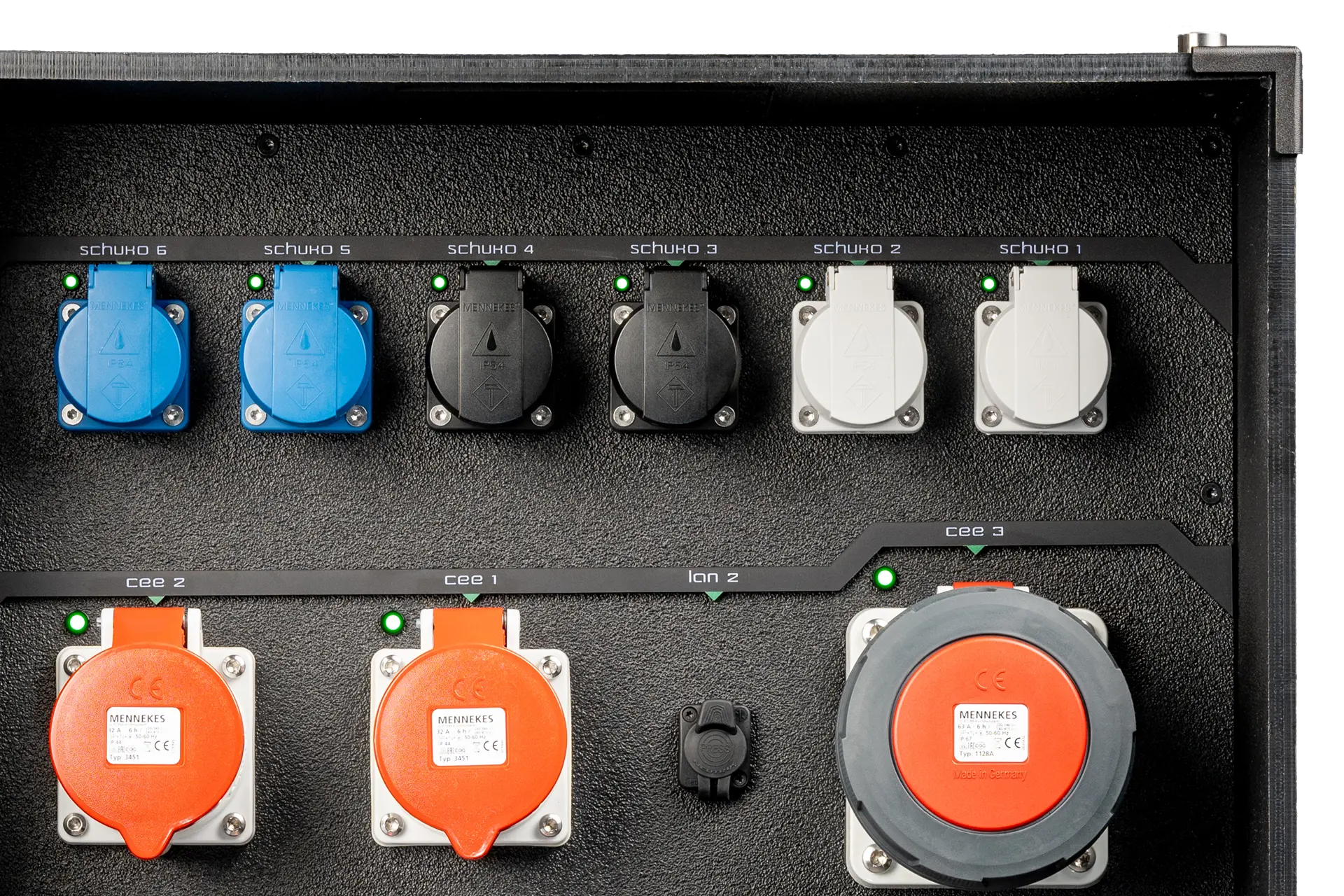 Close-up of the TTP125-003 rear panel with Schuko, CEE 32A and CEE 63A outputs