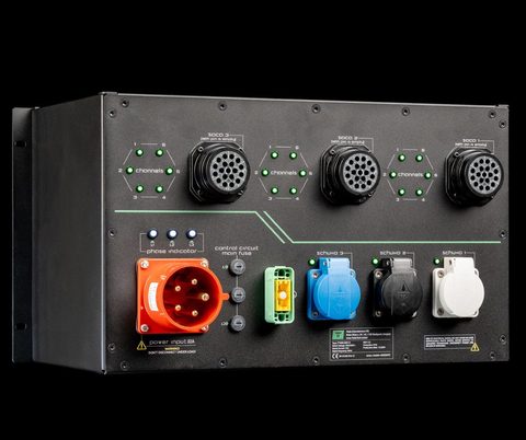 Six green channel LEDs around a Socapex output connector