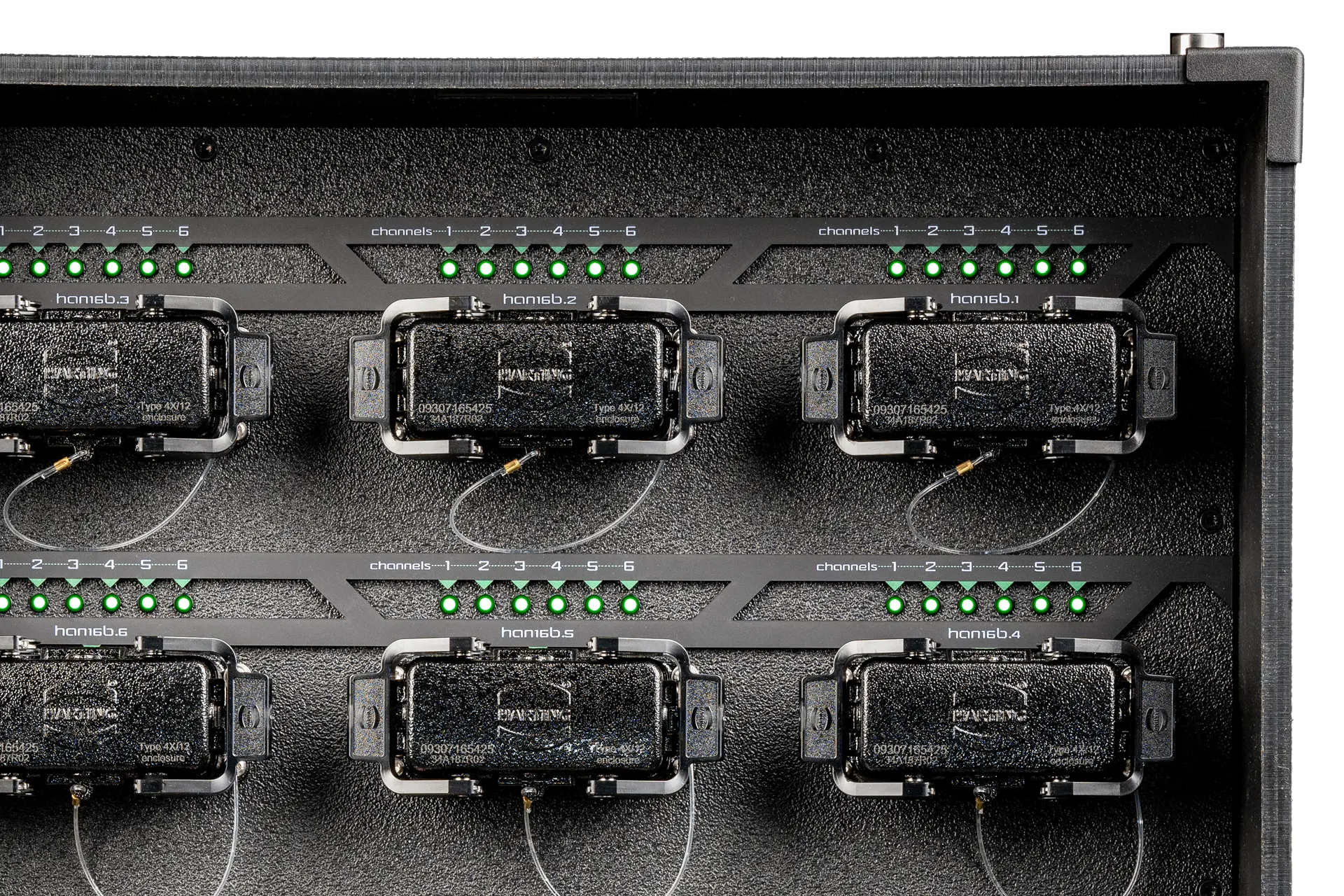 Close-up of the TTP63-002 rear panel with six HAN® 16E outputs and channel LEDs