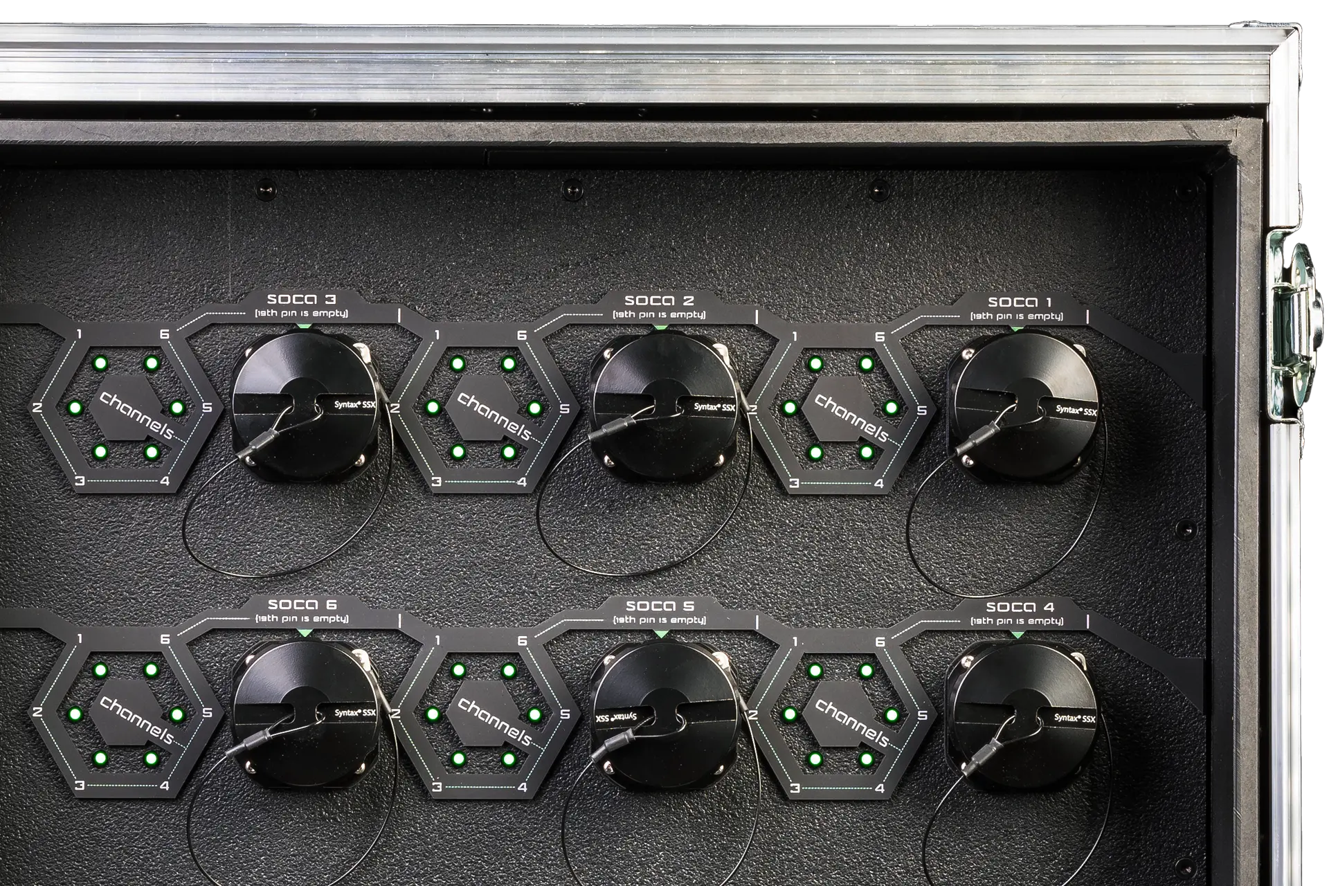 Close-up of the rear output panel with the six Socapex connectors