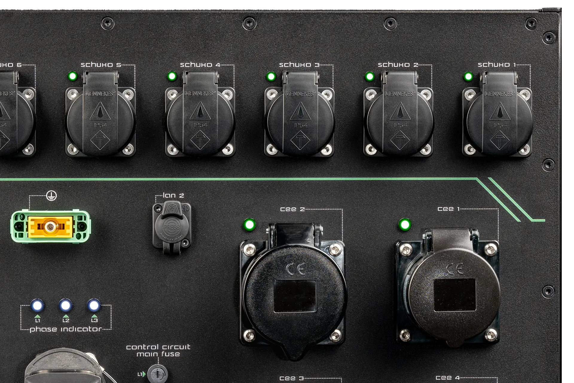 Close-up of the TTM63-003 rear panel with CEE outputs and six auxiliary Schuko outputs