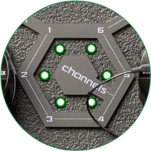 The eighteen green channel indicator LEDs above the HAN® 16E outputs