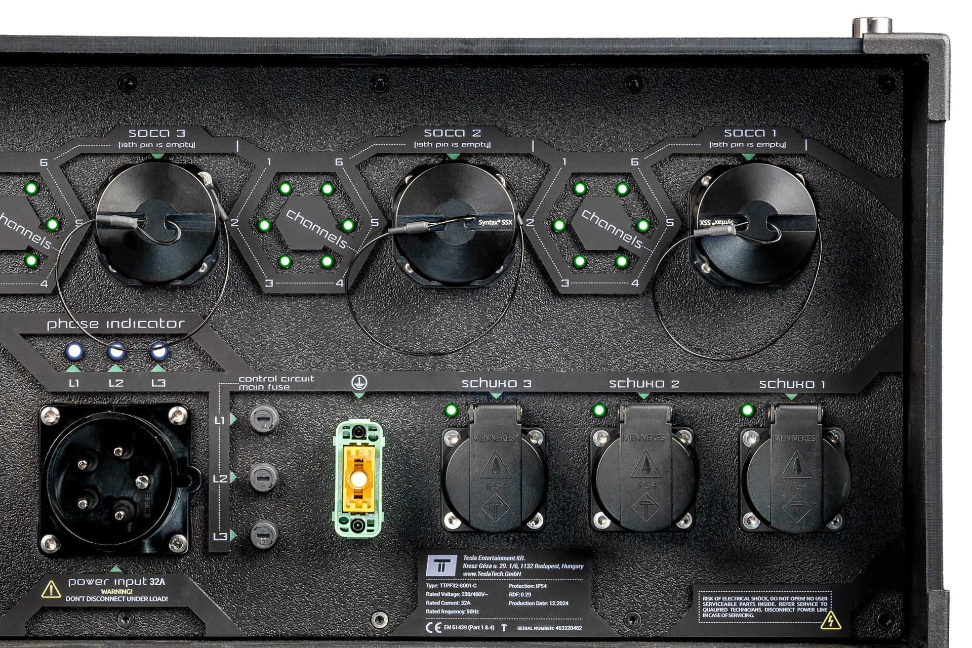 Close-up of the TTP32-001 rear panel with three Syntax® SSX outputs and channel LEDs