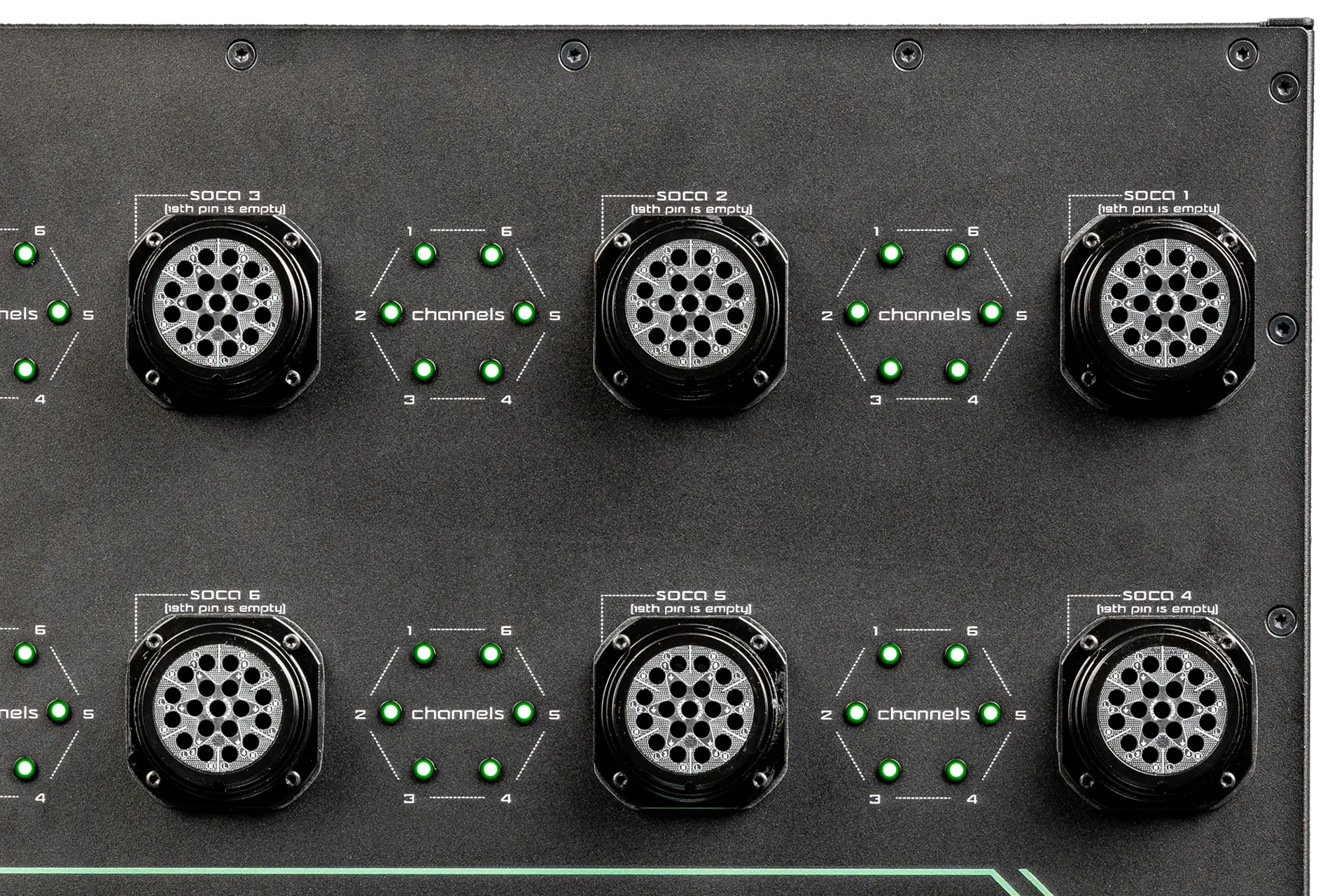 Close-up of six Socapex output connectors with green channel LEDs