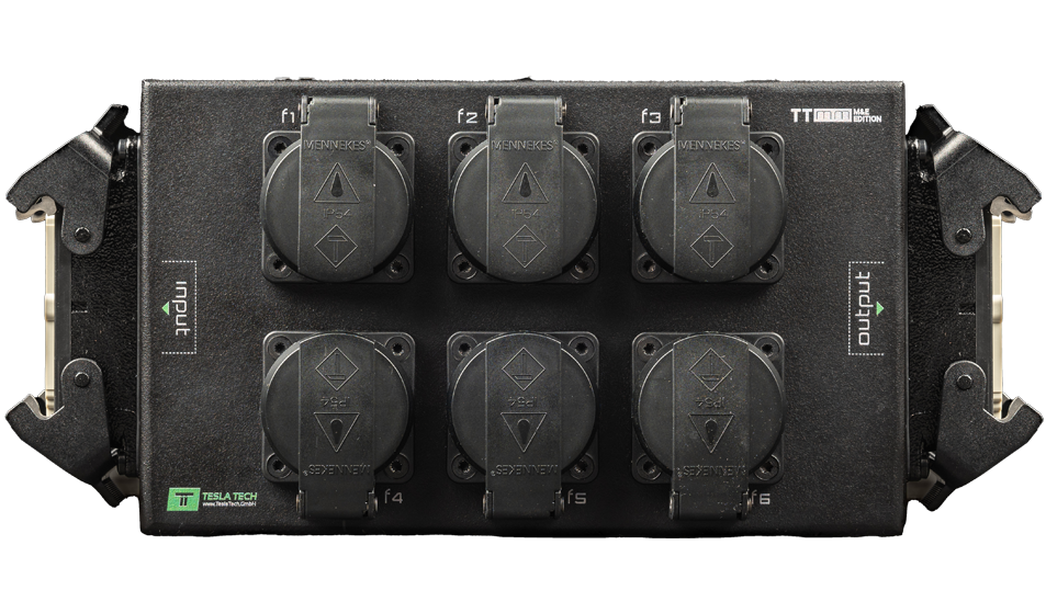 Front of TTMM-201 with the HAN® 16E input and loop output and six closed Schuko outlets labelled f1 to f6 in two rows