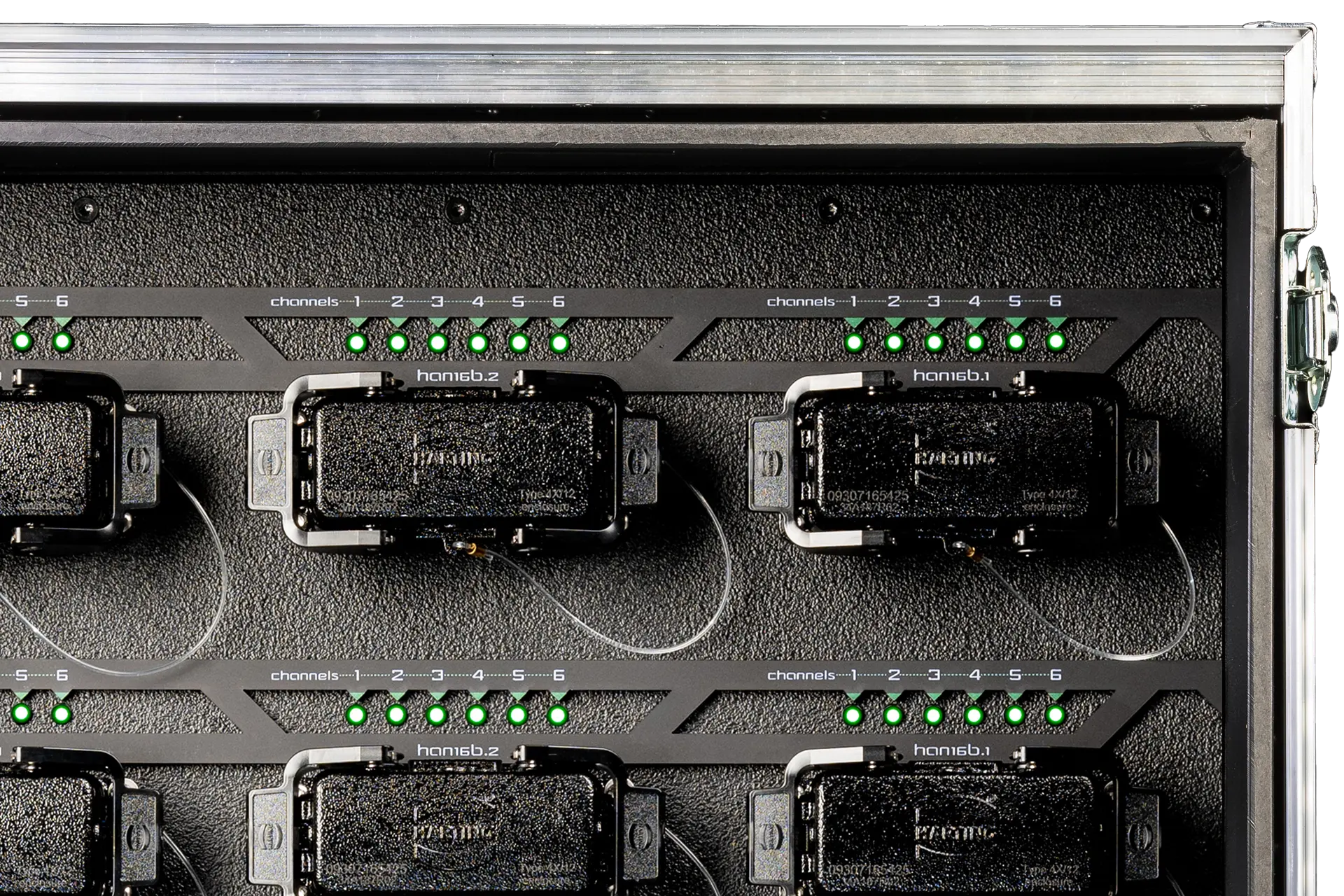 Close-up of the TTPF125-002 rear panel with HAN® 16E outputs and channel LEDs