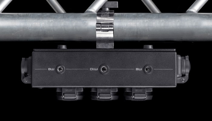 Modular PDU clamped to a truss tube with an M10 half-clamp