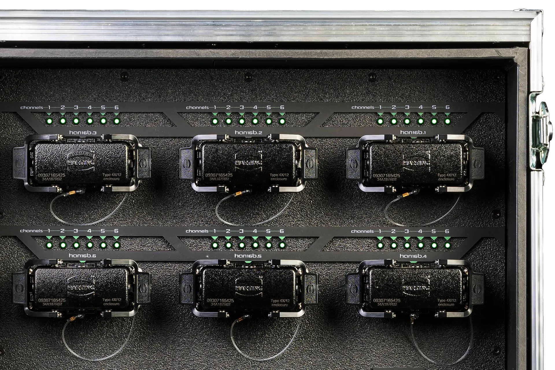 Close-up of the rear panel with the six HAN® 16E output connectors