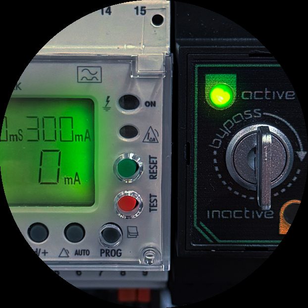 Residual current device display and bypass switch on a Tesla Tech distribution unit