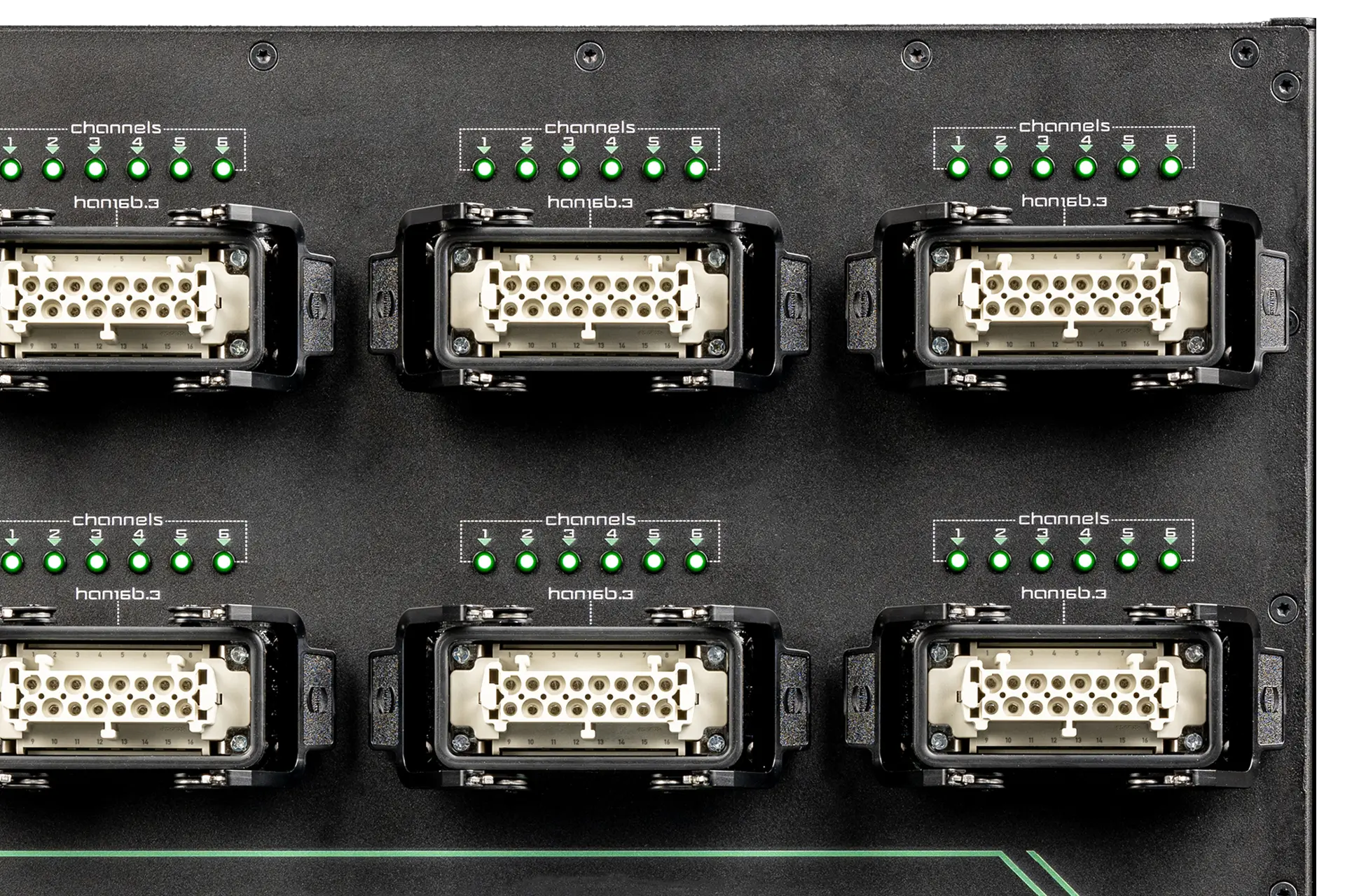 Close-up of six HAN® 16E output connectors with green channel LEDs