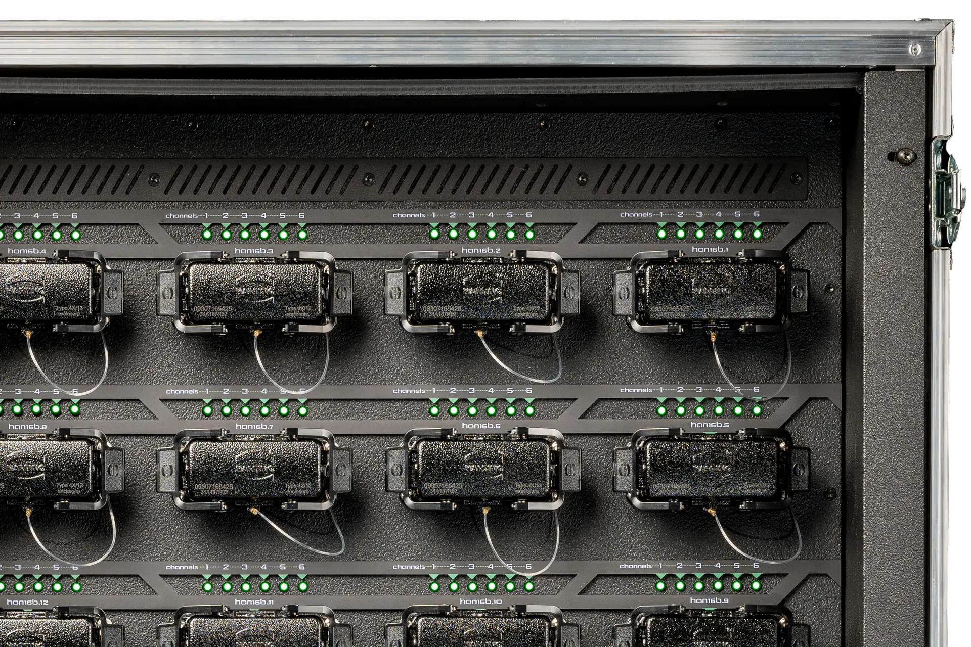 Close-up of the TTPF400-002 rear panel with HAN® 16E outputs and channel LEDs