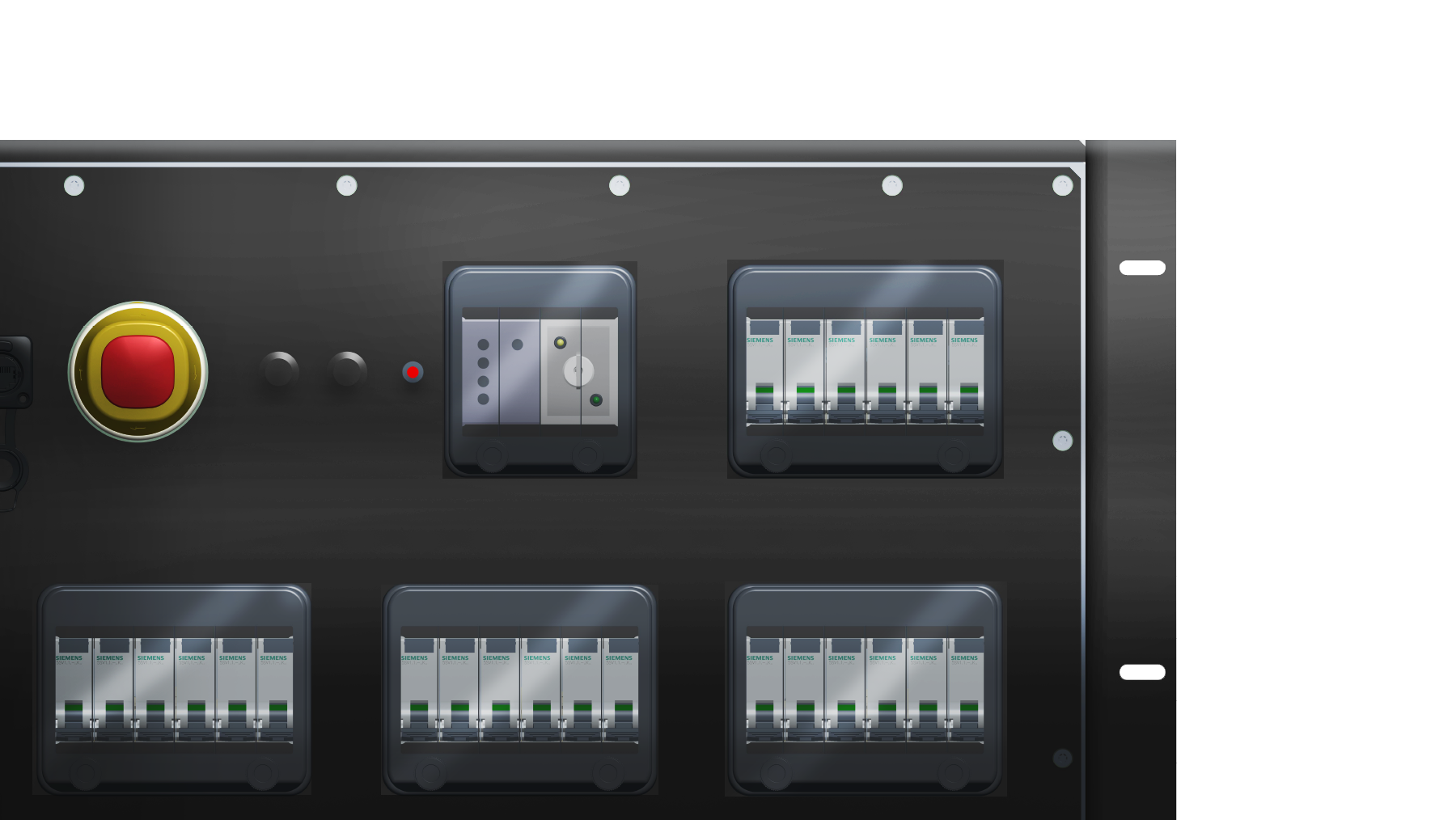 Custom black PDU enclosure with an emergency stop and four circuit breaker windows.