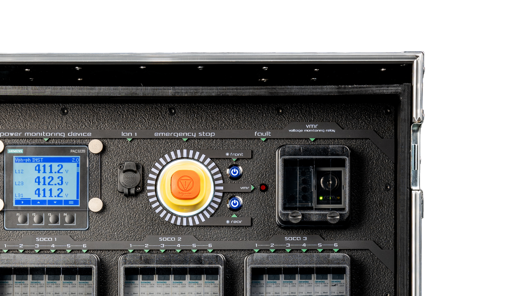 Flightcase PDU front panel with a power monitor, emergency stop and protection devices.