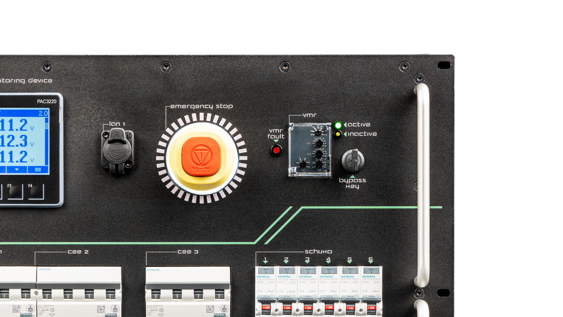 Rack-mounted PDU front panel with a power monitor, emergency stop and metal handles.