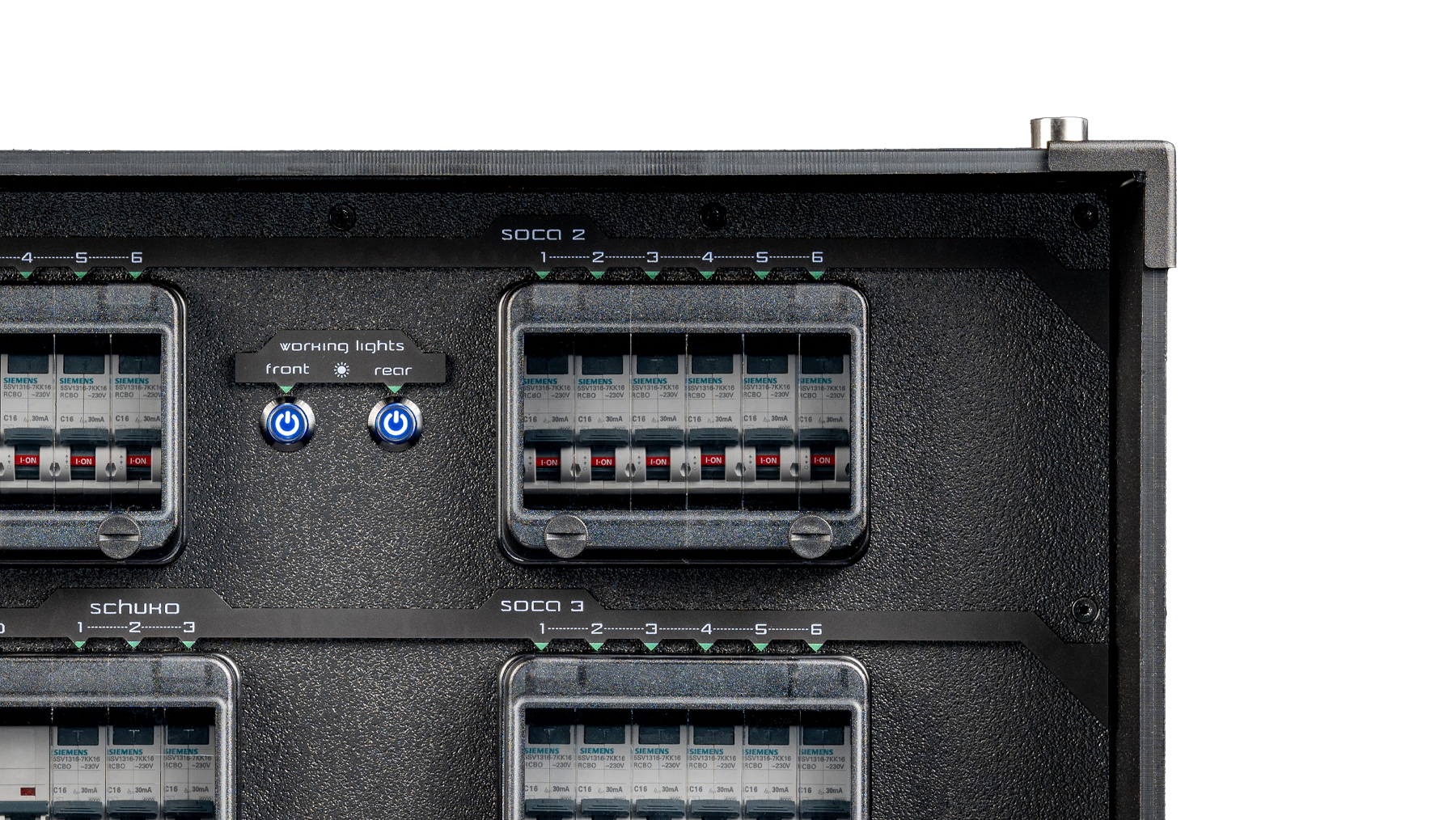 Plastic PDU front panel with transparent circuit breaker windows and blue switches.